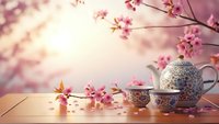 Elegant porcelain tea set with floral pattern on wooden table surrounded by pink cherry blossom branches in soft morning light creating peaceful atmosphere.