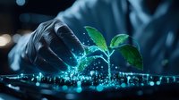 Glowing young plant seedling with magical blue light particles emerging from soil while being observed by scientist in protective gloves, biotechnology concept.