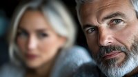 Mature bearded man with gray hair and young blonde woman in soft focus portrait showing contrasting ages and relationship dynamics.