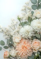 Romantic floral arrangement with white and peach dahlias, roses, baby's breath and eucalyptus leaves on soft white background for wedding and celebration design.