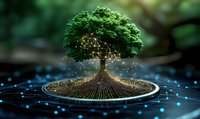 Glowing digital tree of life with network connections on futuristic circuit base, symbolizing technology and nature integration.