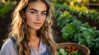 Young Caucasian woman with long wavy blonde hair in casual attire smiling at camera while holding wicker basket in garden during golden hour sunlight, natural outdoor setting.