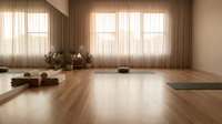 Serene yoga studio interior with wooden floors, meditation cushions, yoga mat and natural sunlight streaming through sheer curtains creating peaceful atmosphere.