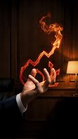 Businessman hand with fiery upward arrow symbolizing growth, success and rising profits in dark office environment for business presentations.