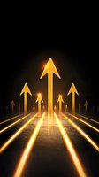 Glowing golden arrows rising from dark road surface symbolizing growth, progress, success, and upward movement in business and career advancement.