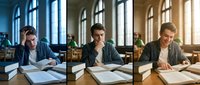 Young male student studying at desk in bright classroom with large windows, focused on academic work and learning materials.
