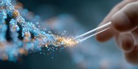 Tweezers holding glowing DNA strand with blue and gold particles on dark background, illustrating genetic research and biotechnology advancement.