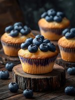 Fresh blueberry muffins topped with juicy berries on rustic wooden surface for bakery menu and food photography projects.
