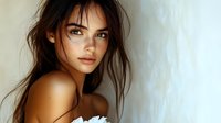 Young woman with long dark hair and fair complexion, bare shoulders, looking over shoulder with natural makeup and freckles against neutral background.