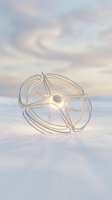 Translucent geometric orb with glowing star center on snowy landscape at dawn, isolated on white background for design projects.