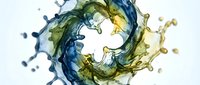 Swirling liquid splash in blue, green, and yellow tones creating dynamic circular motion on white background, suitable for abstract design projects.