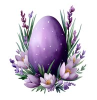 Purple Easter egg decorated with dots surrounded by spring flowers, lavender sprigs and green leaves on white background, isolated design element.