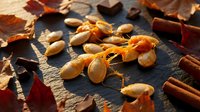 Autumn harvest nuts and spices on dark slate with colorful fall leaves creating warm seasonal cooking and baking composition for holiday recipes.