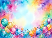 Colorful balloons floating against vibrant watercolor wash background with rainbow hues, ideal for celebration, party, and greeting card designs.