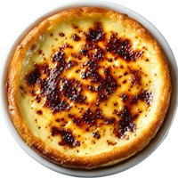Creamy vanilla custard tart with caramelized sugar top in ceramic dish. Golden pastry crust filled with rich egg custard dessert for bakery menu design.