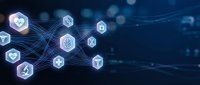 Digital network with hexagonal medical icons connected by glowing lines on dark blue background for healthcare technology and telemedicine applications.