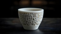 White ceramic cup with geometric maze pattern design on dark wooden surface, minimalist style composition for modern home decor and tableware concepts.