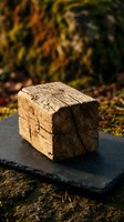 Weathered wooden log section with visible growth rings and cracks, positioned on dark slate surface surrounded by moss and blurred foliage, showcasing natural texture for design projects.