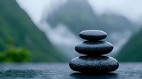 Balanced black zen stones pyramid on wet surface against misty mountain landscape background, symbolizing meditation, wellness and spiritual harmony.