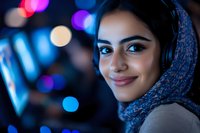 Young Middle Eastern woman wearing hijab and headphones smiles warmly against blurred nighttime bokeh lights background creating modern lifestyle portrait.