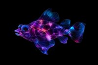 Glowing neon fish silhouette with blue and purple light trails against black background, creating luminous abstract marine art effect.