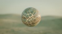 Woven sphere with geometric net pattern floating against soft, blurred natural landscape background. Suitable for abstract design, spirituality, technology, and conceptual projects.