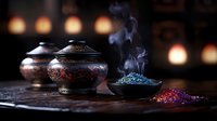 Aromatic incense smoke rises from ornate bronze burners alongside colorful powder in ceramic bowls on dark wooden surface with glowing ambient lights.