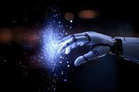 Robotic hand reaching towards glowing blue particles against dark background, symbolizing artificial intelligence and technological advancement in machine learning.