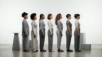 Diverse group of seven professional men and women standing in line wearing business casual attire, isolated on white background for corporate, teamwork, and recruitment design projects.