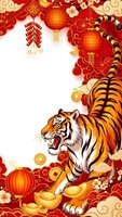 Chinese New Year tiger with red lanterns, gold coins and traditional decorations on white background for festive greeting cards and holiday designs.