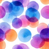 Colorful overlapping concentric circles in vibrant blue, purple, pink and orange create seamless geometric pattern on white background. Modern abstract design for fabric and decor.
