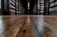 Dark wooden floor in library corridor with blurred bookshelves on both sides and soft ceiling lights creating atmospheric perspective. Low angle view.