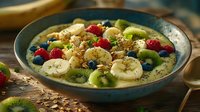 Healthy breakfast smoothie bowl with banana slices, kiwi, berries, granola and chia seeds served in blue ceramic bowl on wooden table. Fresh morning meal.