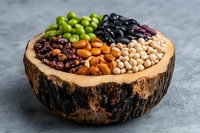 Assorted legumes and beans in wooden bowl on rustic tree stump plate. Healthy protein sources for vegetarian and vegan cuisine.