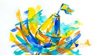 Young male figure with medium skin tone, depicted in dynamic abstract form, composed of vibrant blue, yellow, and orange brushstrokes and paint splatters, suitable for creative and artistic projects.