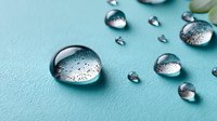 Clear water droplets of various sizes on turquoise surface, creating natural lens effect with light reflections. Perfect for environmental or freshness concepts.