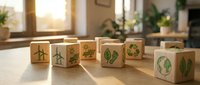 Wooden blocks with green eco icons including wind turbines, solar panels, recycling, and earth symbols arranged on a table in warm sunlight.