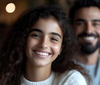 Young Middle Eastern woman with curly hair and bright smile in white sweater with man in background, warm evening atmosphere.