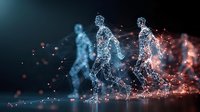 Digital network figures running with glowing particles and light trails against dark background, depicting motion, technology and connectivity in sports and fitness.