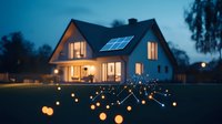 Modern house with solar panels illuminated at dusk, glowing windows create warm ambiance while connected network dots symbolize smart home technology and sustainability.