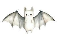 Cute white cat with bat wings watercolor illustration on white background, fantasy animal character for Halloween decoration or children's book design.