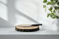 Rustic wooden slice serving board with knife on white surface, natural window light casting soft shadows, green plant leaves in background for minimal styling.