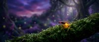 Glowing firefly on moss-covered branch against magical purple starry night sky creating enchanting forest atmosphere for fantasy designs.