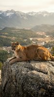 Mountain lion resting on rocky outcrop overlooking alpine valley with snow-capped peaks and forested landscape during golden hour sunset lighting.