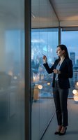 Professional businesswoman analyzing holographic data visualization in modern office with city skyline view during evening hours for corporate presentations.