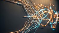 Abstract digital network connections with glowing orange and blue light trails creating dynamic data flow visualization for technology concepts.
