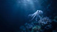 Octopus swimming gracefully through deep blue ocean water with sunlight rays filtering down, marine life underwater scene for educational content.