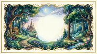 Enchanted forest frame with fairy tale castle, magical trees and mystical pathway creating whimsical storybook border for fantasy designs and children's content.