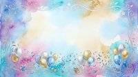 Colorful watercolor celebration background with golden balloons, confetti and decorative swirls creating festive party atmosphere with copy space center.