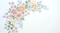 Soft watercolor floral corner arrangement with pastel roses, ranunculus, and wildflowers on white background for wedding or greeting cards.